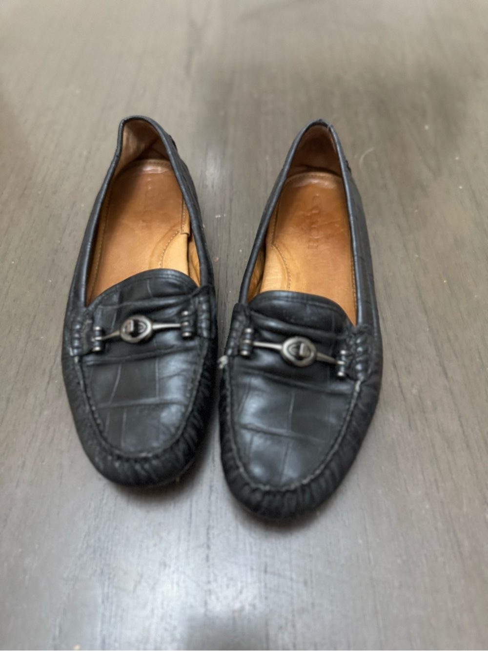Coach "Arlene" Croc-Embossed Leather Loafers in black size 9B women